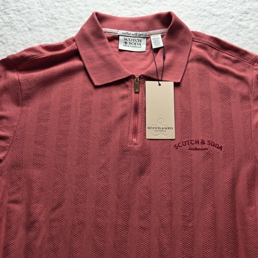 Scotch & Soda Polo Shirt Mens L Pink Stripe 1/4 Zip Textured Knit Casual Top